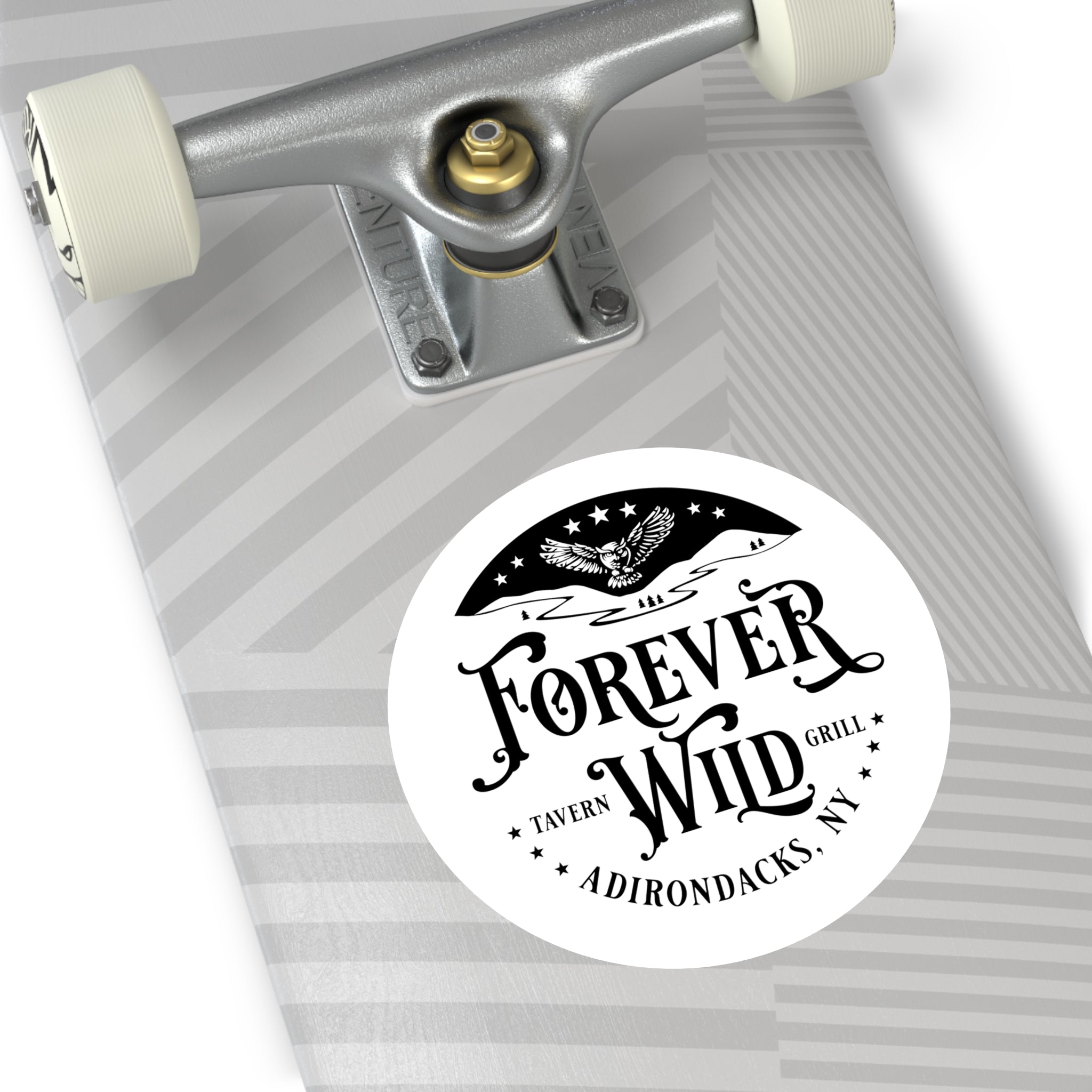 Forever Wild Tavern Adirondacks Round Sticker | Outdoor Logo Sticker