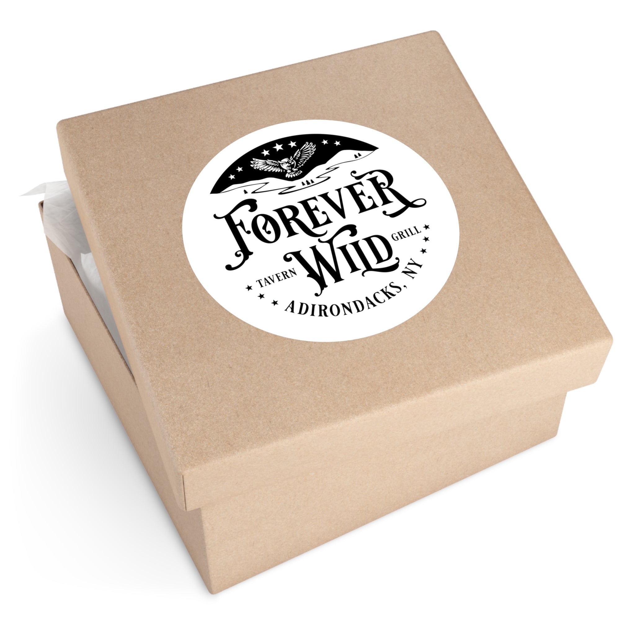 Forever Wild Tavern Adirondacks Round Sticker | Outdoor Logo Sticker