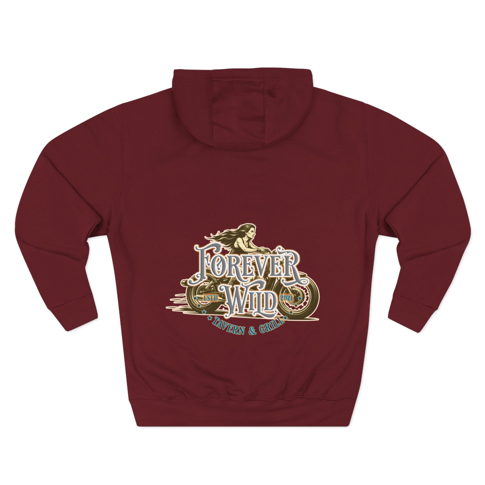 Forever Wild Tavern Motorcycle Hoodie — Retro Biker Fleece Pullover