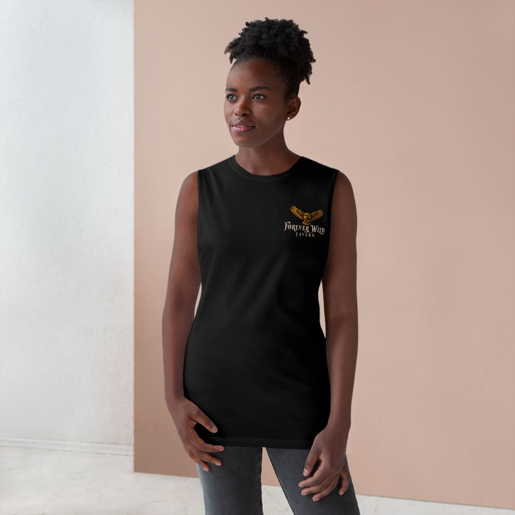 Forever Wild Tavern Tank Top "Most Desolate Logo" — Vintage Owl Chest & Back Design