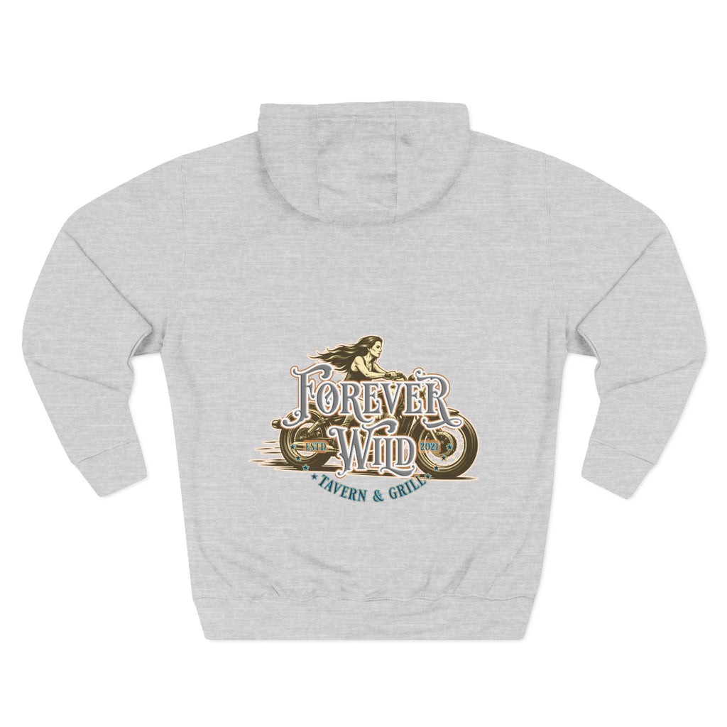 Forever Wild Tavern Motorcycle Hoodie — Retro Biker Fleece Pullover