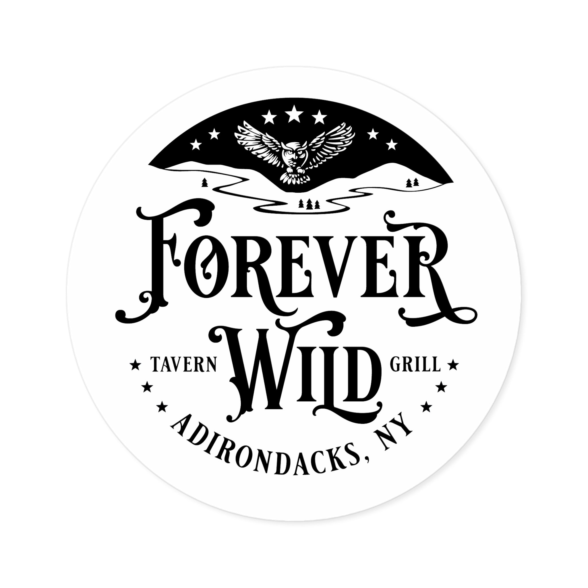 Forever Wild Tavern Adirondacks Round Sticker | Outdoor Logo Sticker