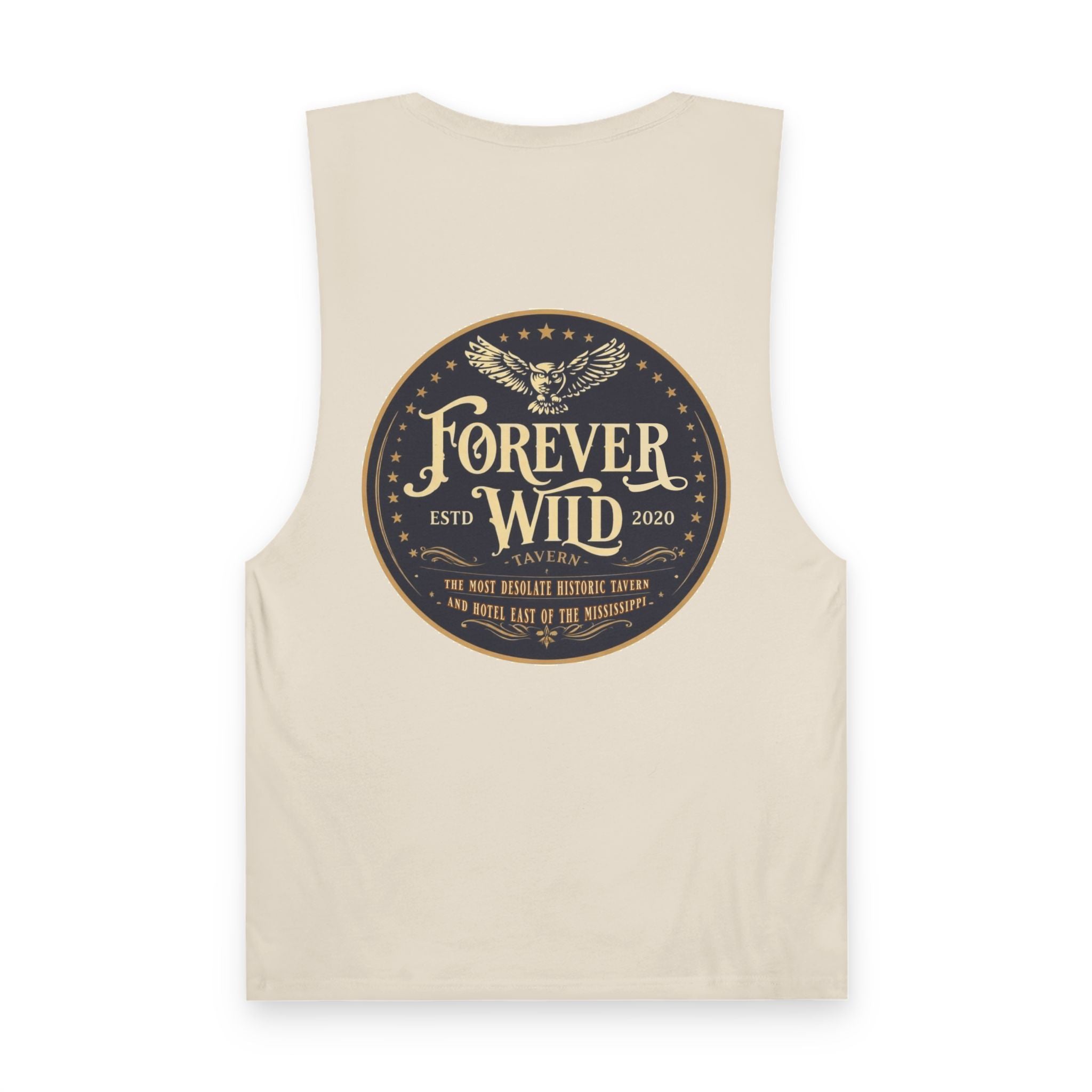 Forever Wild Tavern Tank Top "Most Desolate Logo" — Vintage Owl Chest & Back Design
