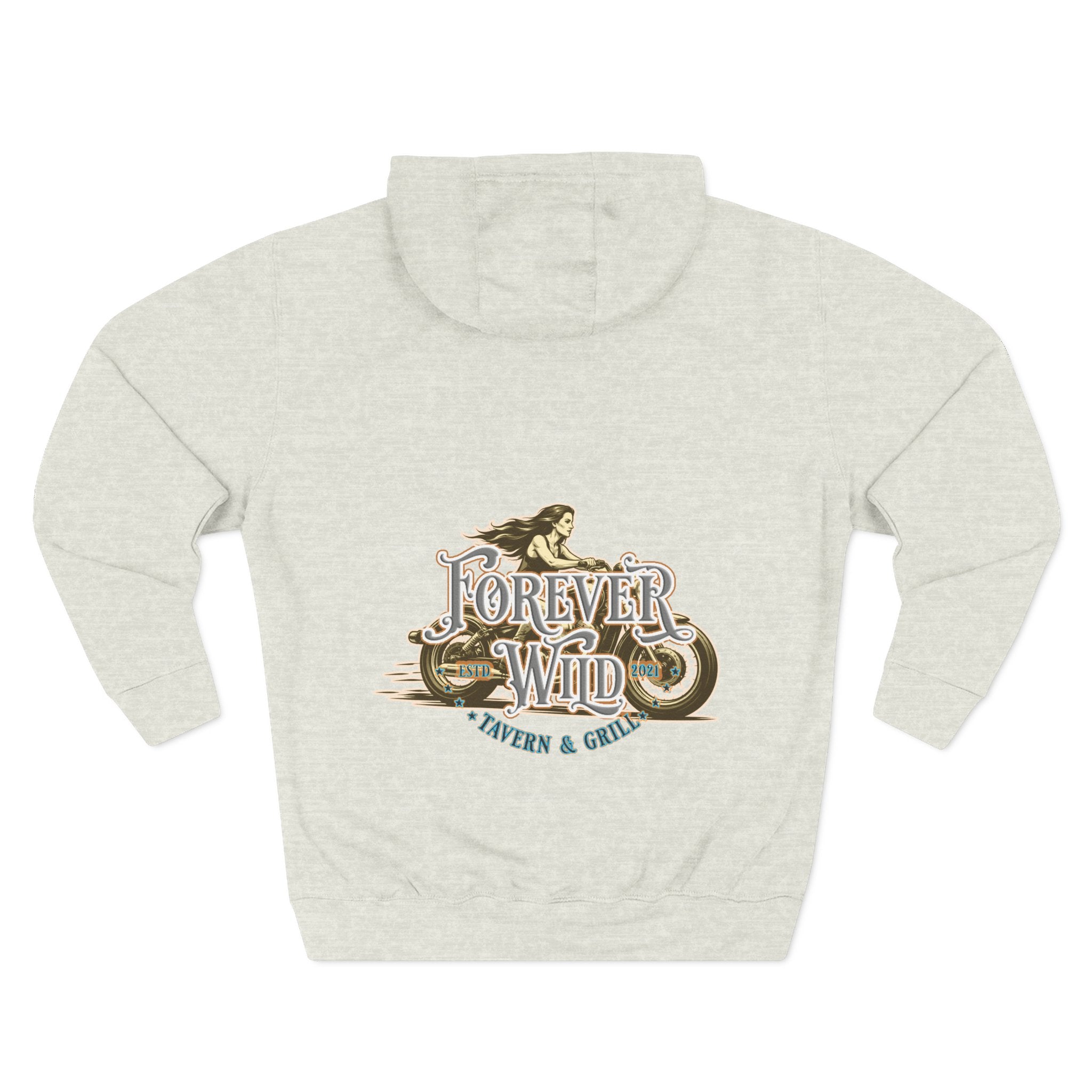 Forever Wild Tavern Motorcycle Hoodie — Retro Biker Fleece Pullover