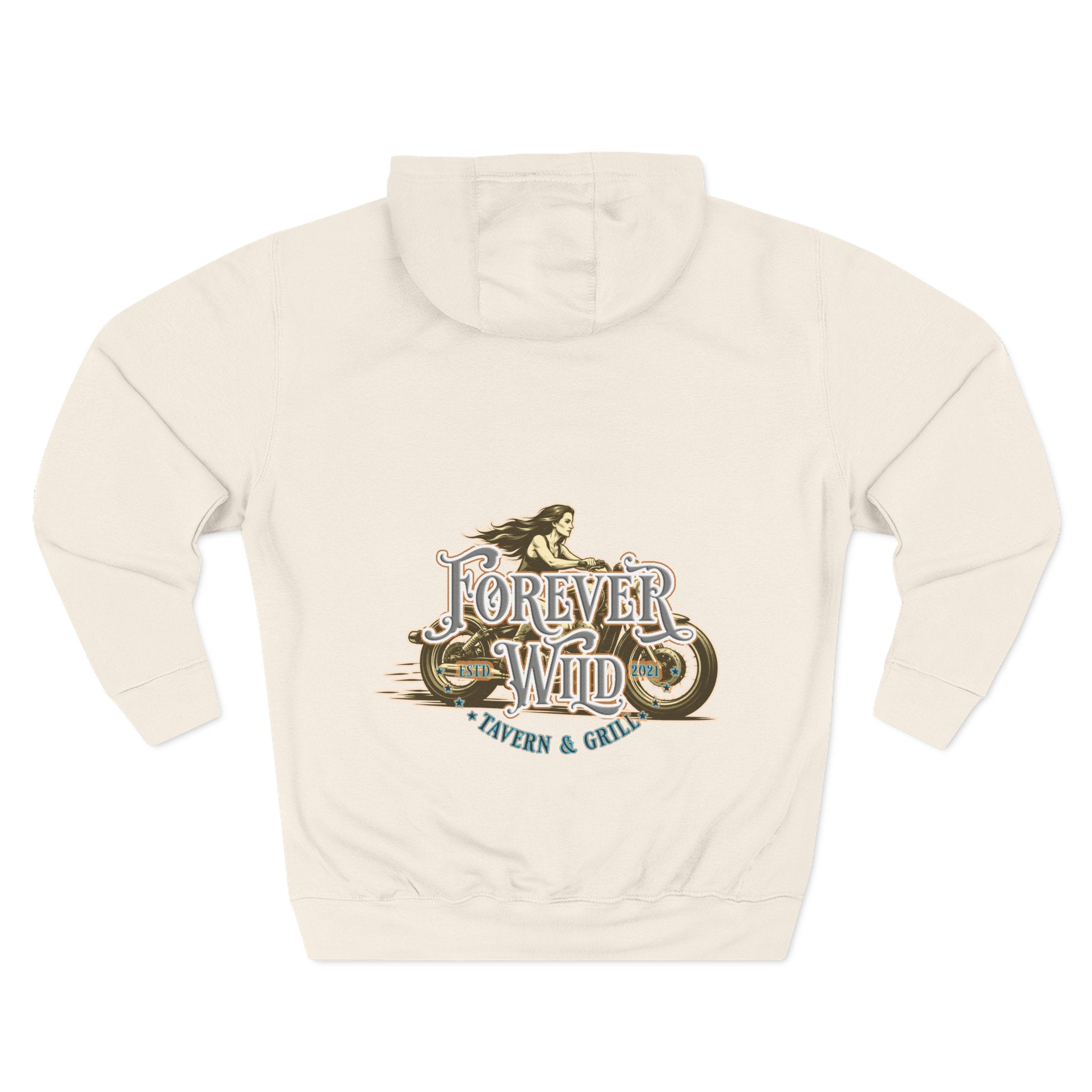 Forever Wild Tavern Motorcycle Hoodie — Retro Biker Fleece Pullover