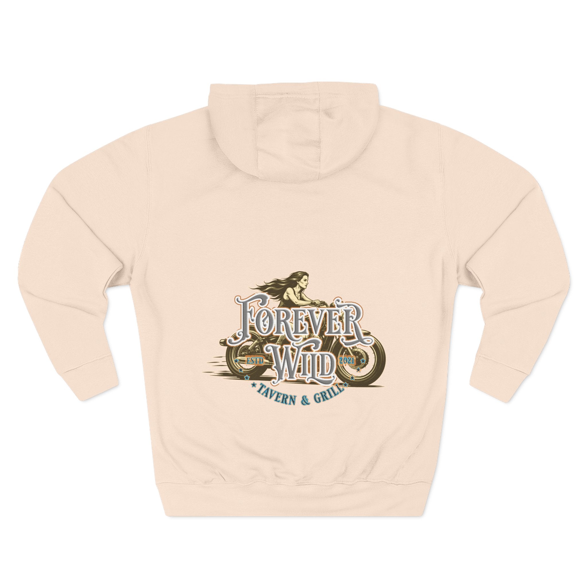 Forever Wild Tavern Motorcycle Hoodie — Retro Biker Fleece Pullover