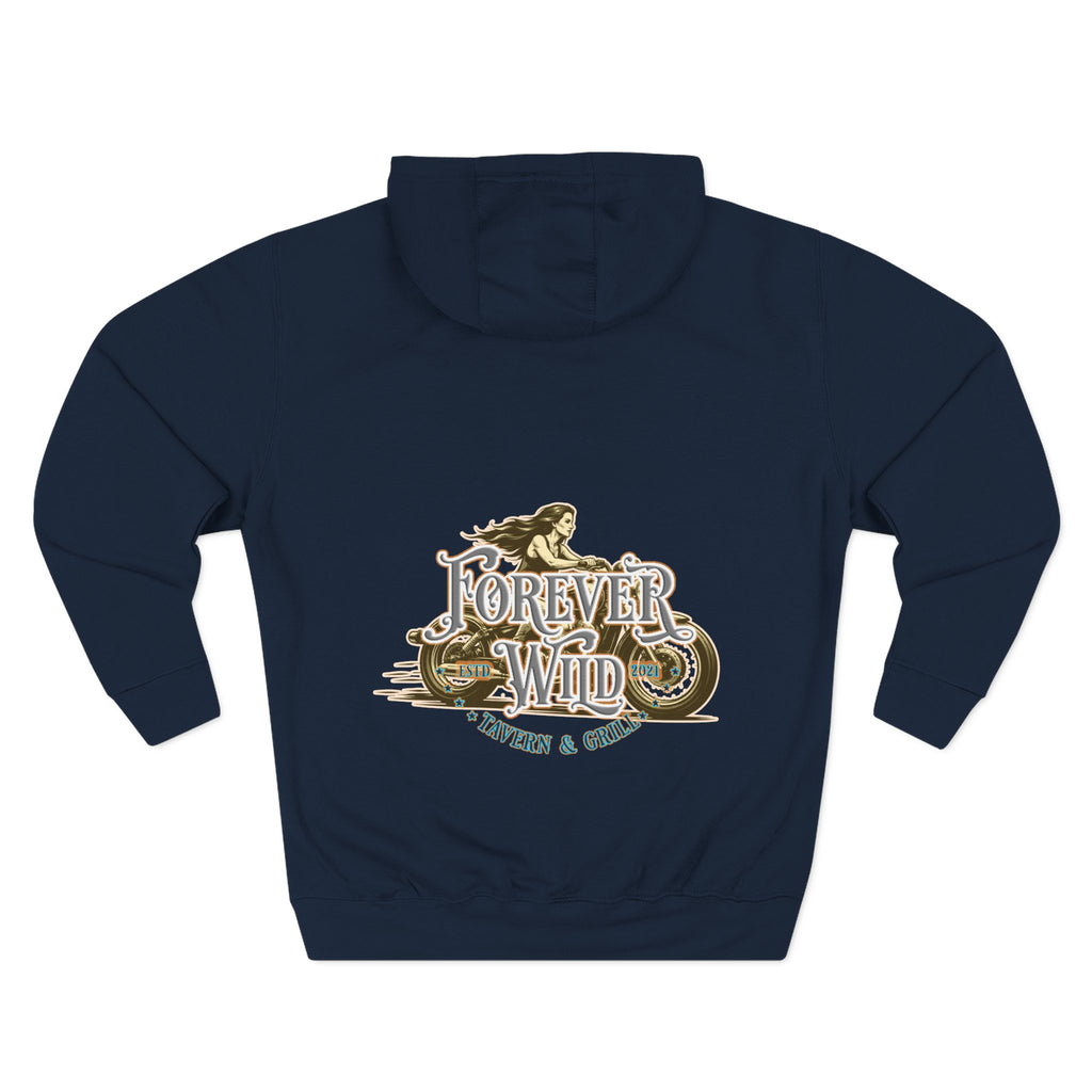 Forever Wild Tavern Motorcycle Hoodie — Retro Biker Fleece Pullover
