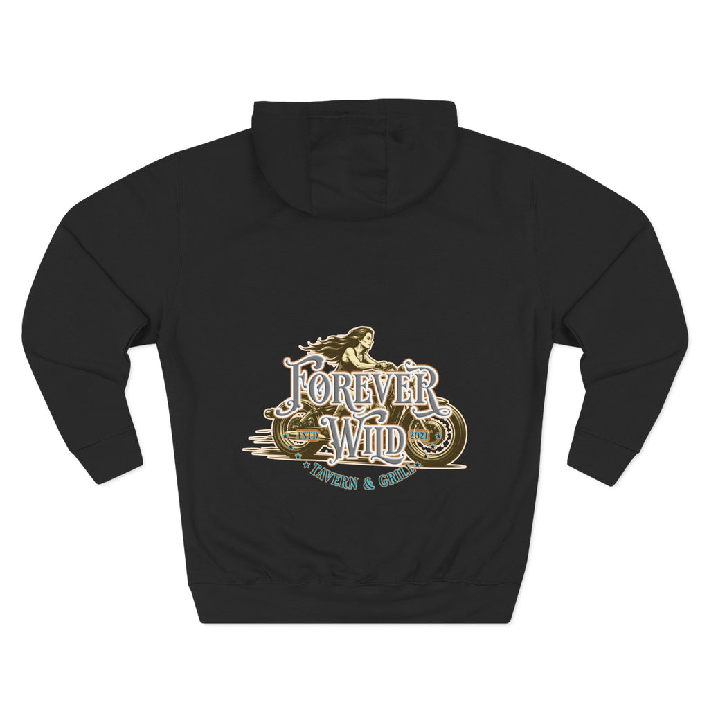 Forever Wild Tavern Motorcycle Hoodie — Retro Biker Fleece Pullover