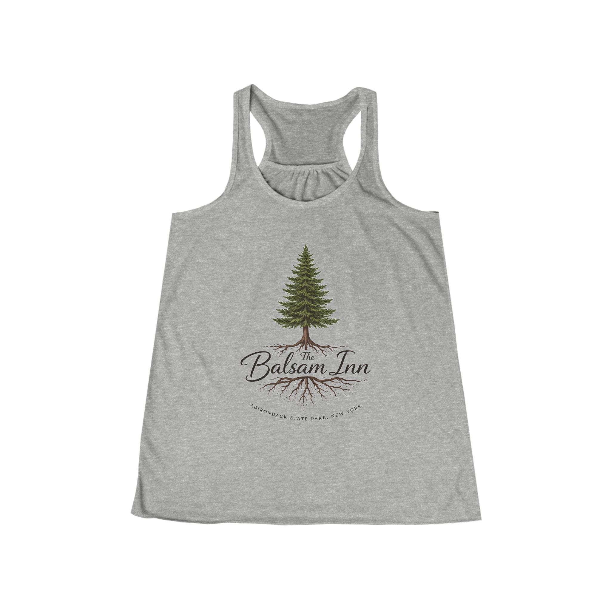 Balsam Inn Women’s Flowly Racerback Tank – Pine Tree Lodge Graphic
