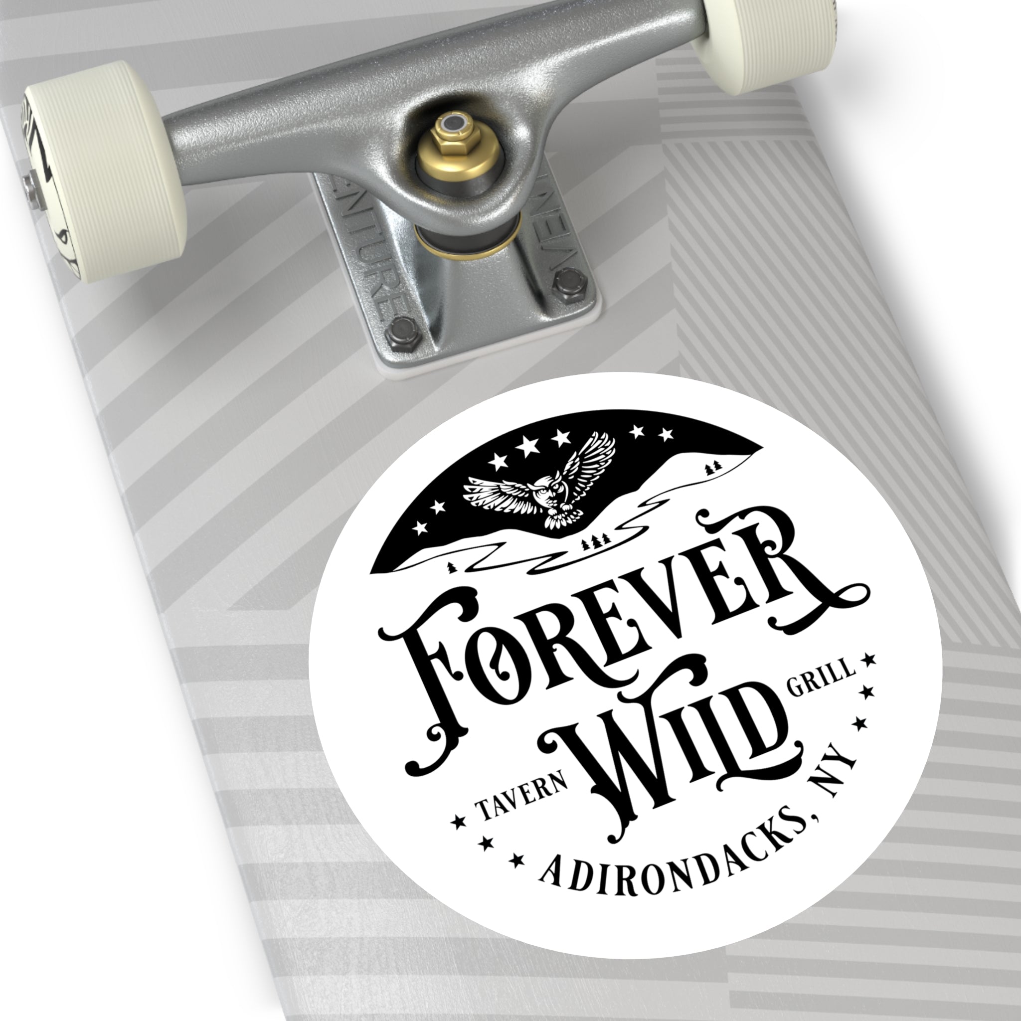 Forever Wild Tavern Adirondacks Round Sticker | Outdoor Logo Sticker