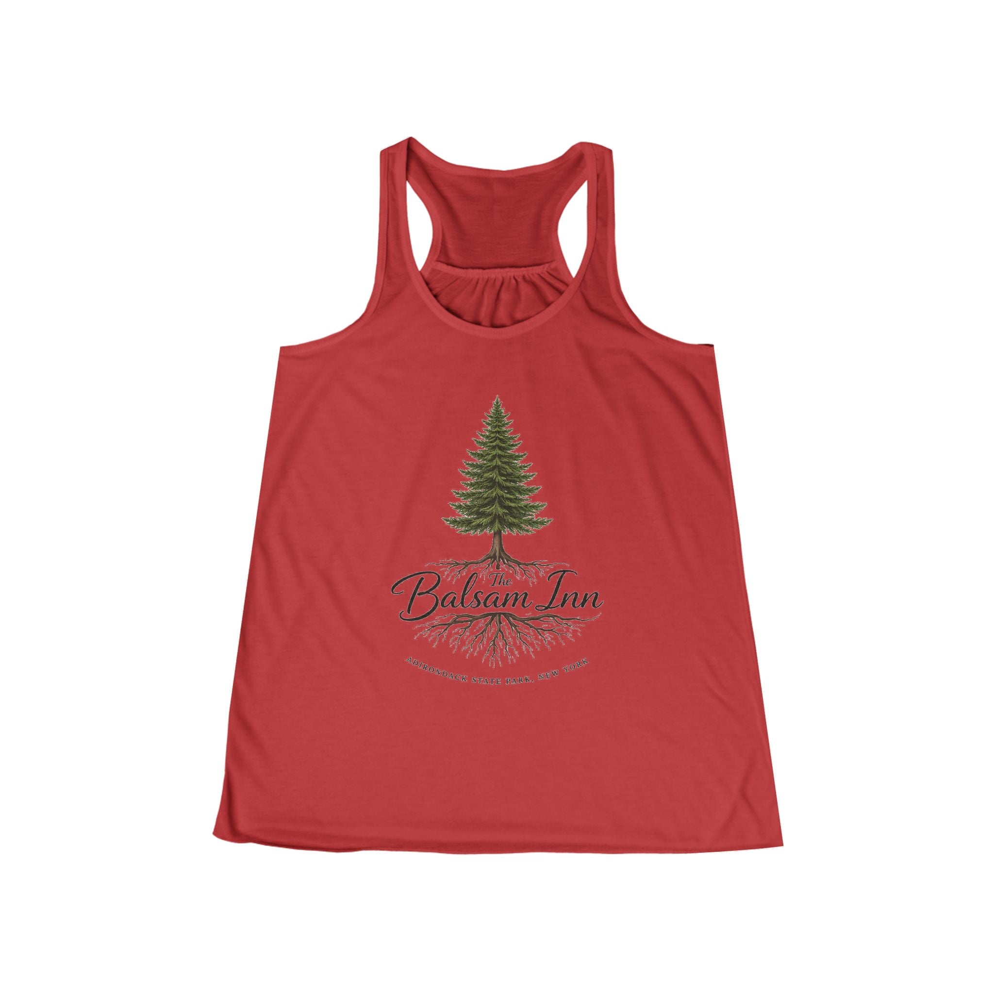 Balsam Inn Women’s Flowly Racerback Tank – Pine Tree Lodge Graphic