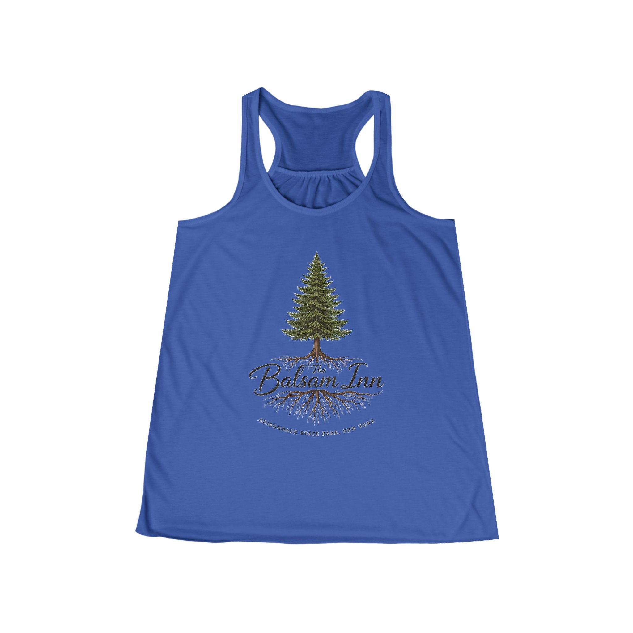 Balsam Inn Women’s Flowly Racerback Tank – Pine Tree Lodge Graphic