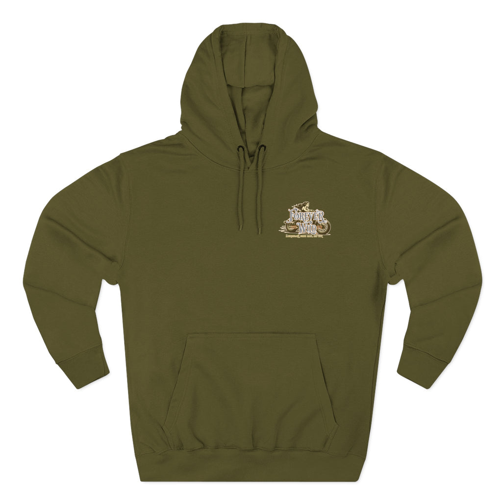 Forever Wild Tavern Motorcycle Hoodie — Retro Biker Fleece Pullover