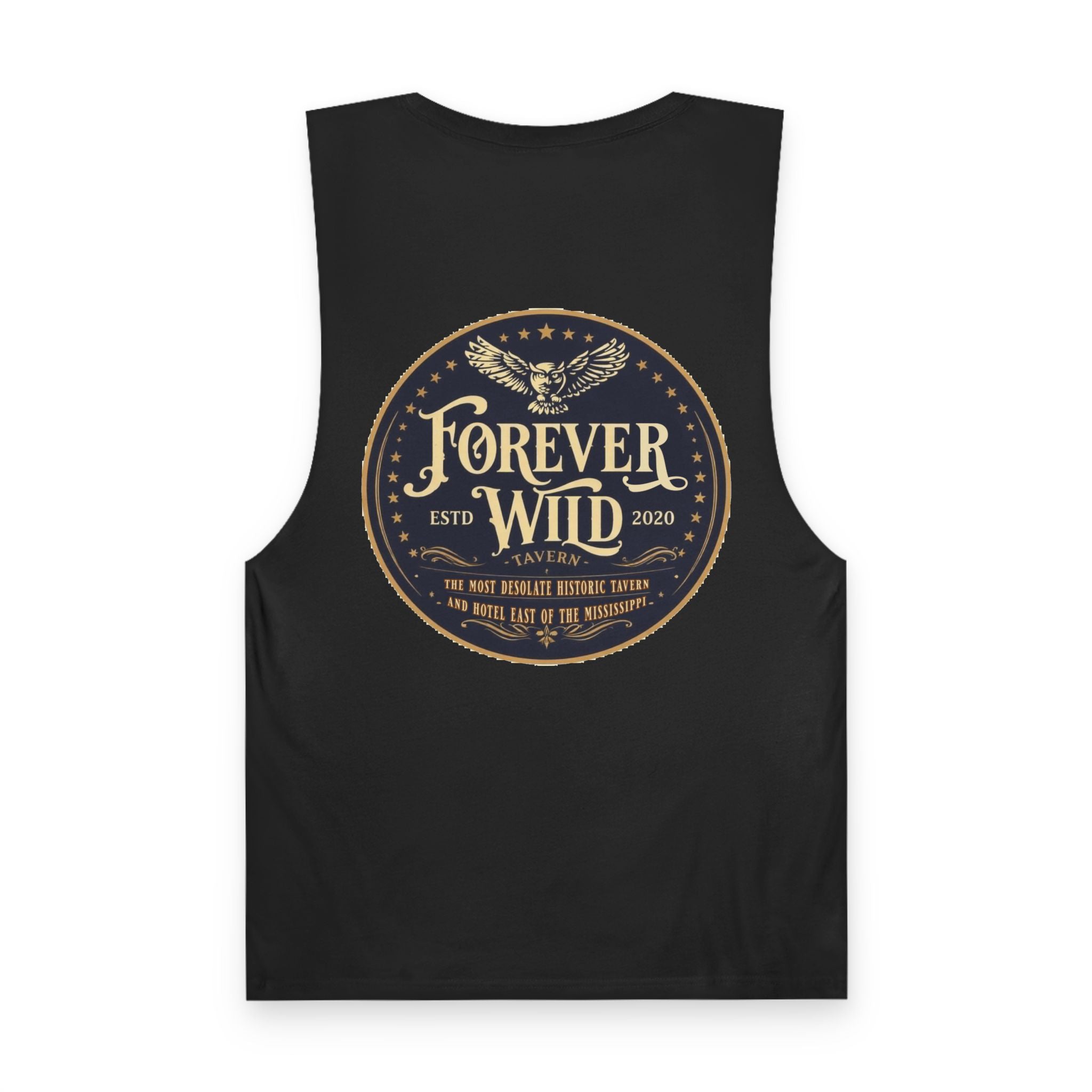 Forever Wild Tavern Tank Top "Most Desolate Logo" — Vintage Owl Chest & Back Design