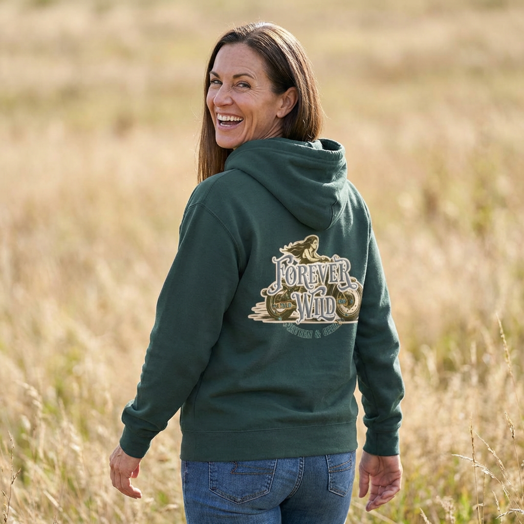 Forever Wild Tavern Motorcycle Hoodie — Retro Biker Fleece Pullover