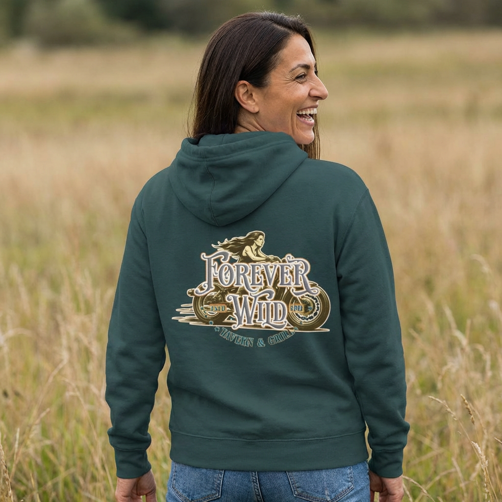 Forever Wild Tavern Motorcycle Hoodie — Retro Biker Fleece Pullover