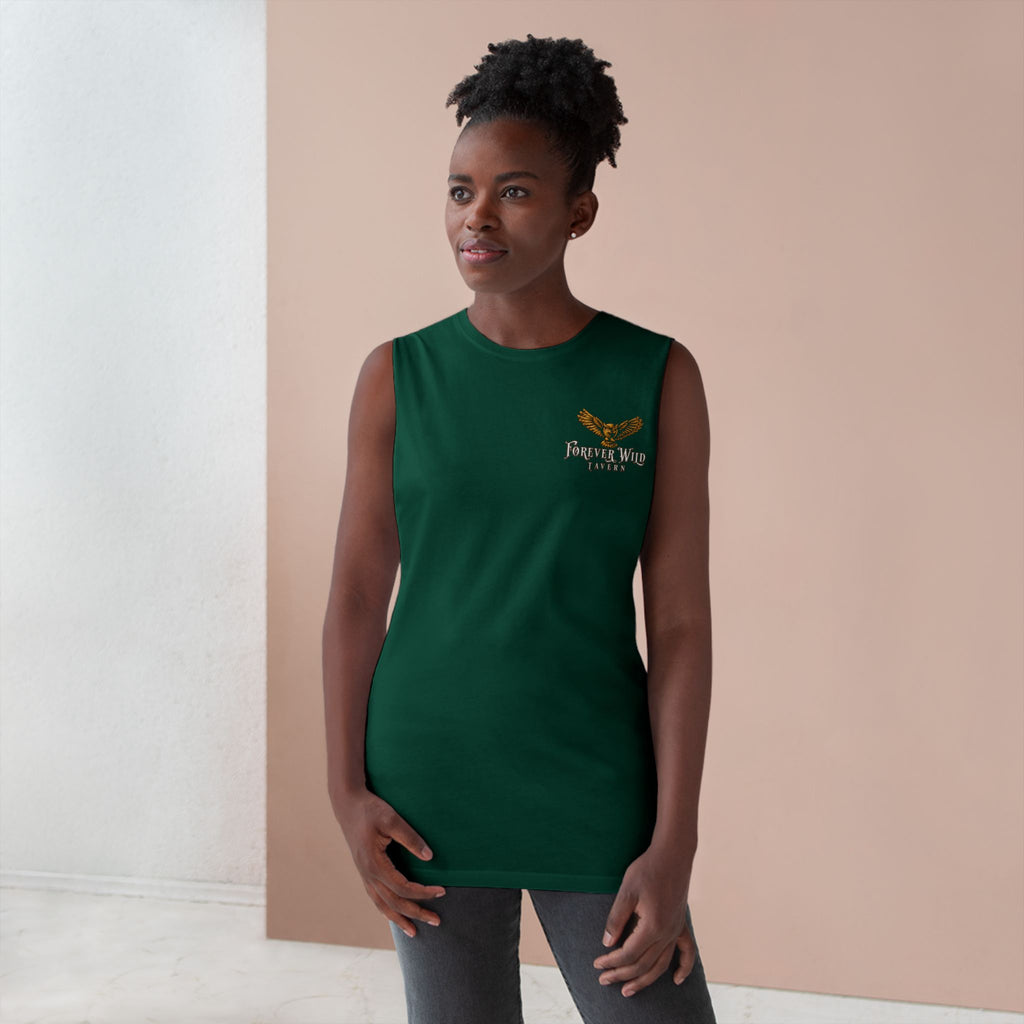 Forever Wild Tavern Tank Top "Most Desolate Logo" — Vintage Owl Chest & Back Design