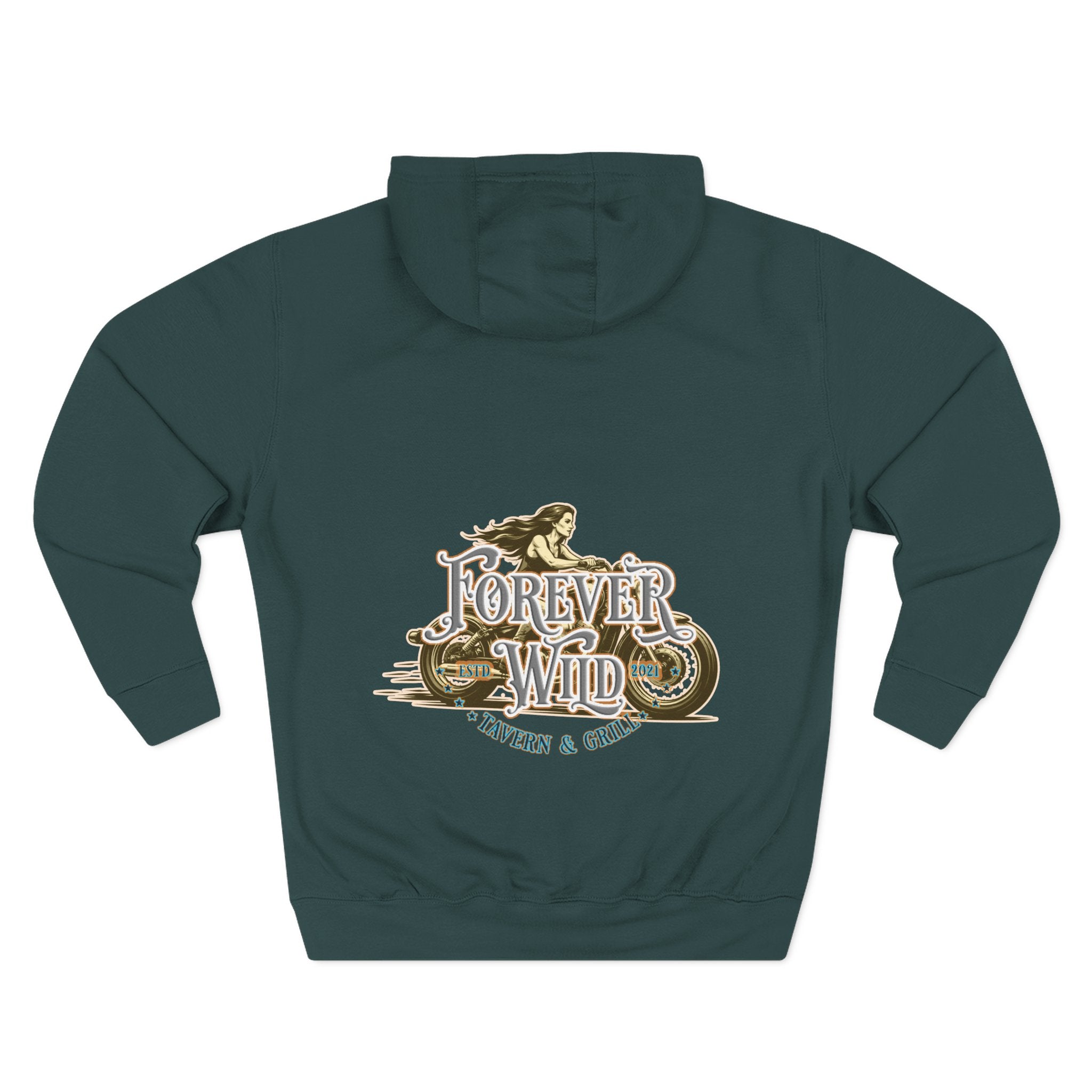 Forever Wild Tavern Motorcycle Hoodie — Retro Biker Fleece Pullover
