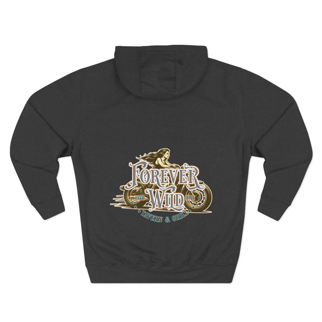 Forever Wild Tavern Motorcycle Hoodie — Retro Biker Fleece Pullover