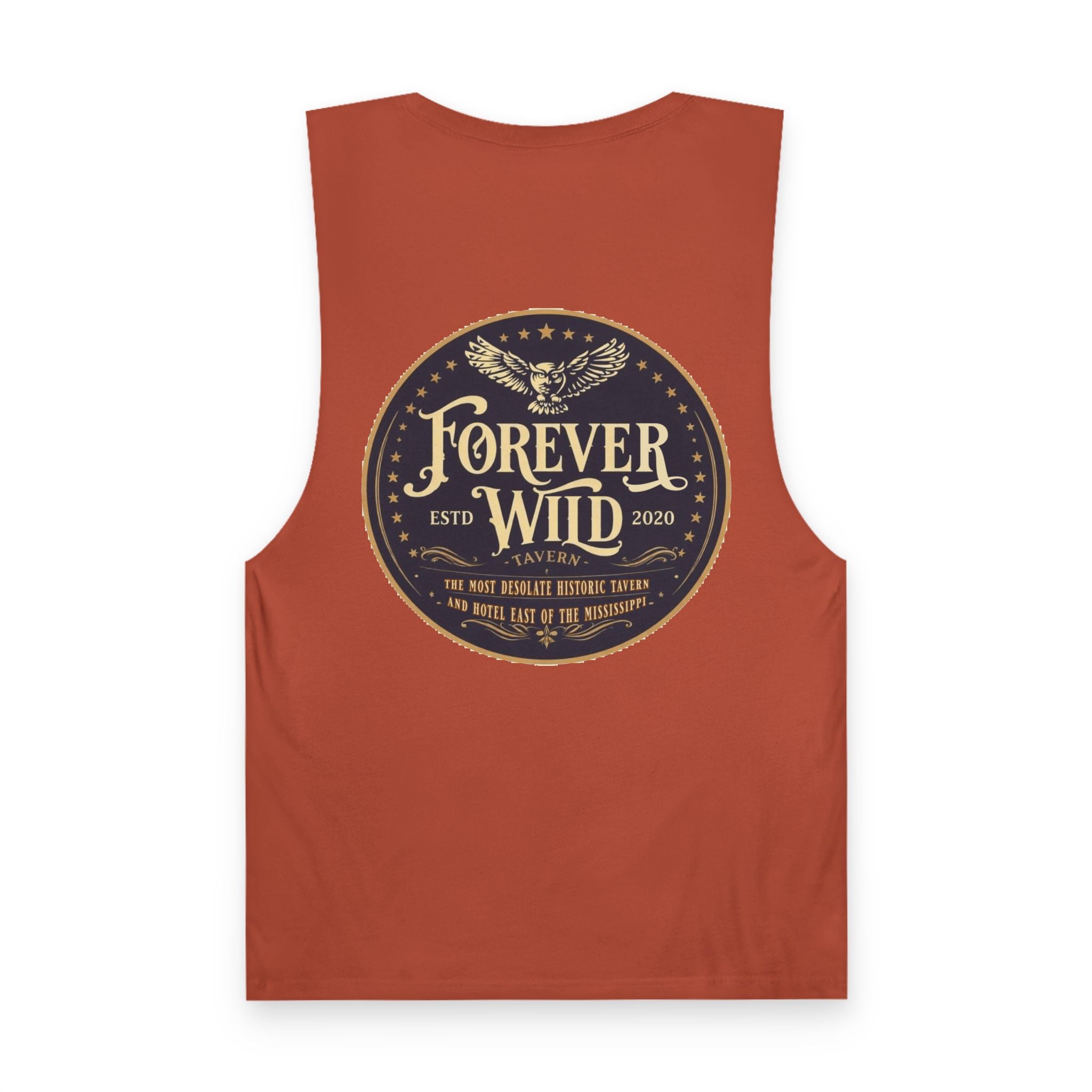 Forever Wild Tavern Tank Top "Most Desolate Logo" — Vintage Owl Chest & Back Design