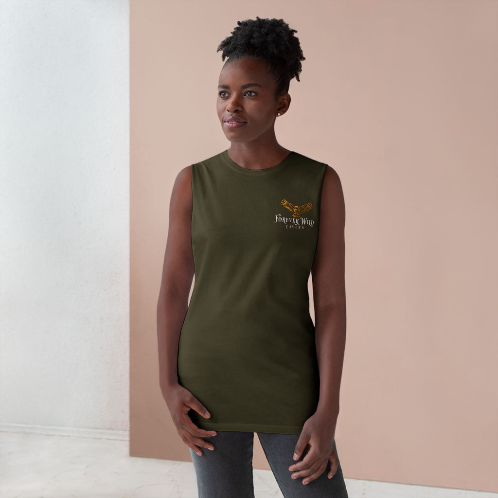 Forever Wild Tavern Tank Top "Most Desolate Logo" — Vintage Owl Chest & Back Design