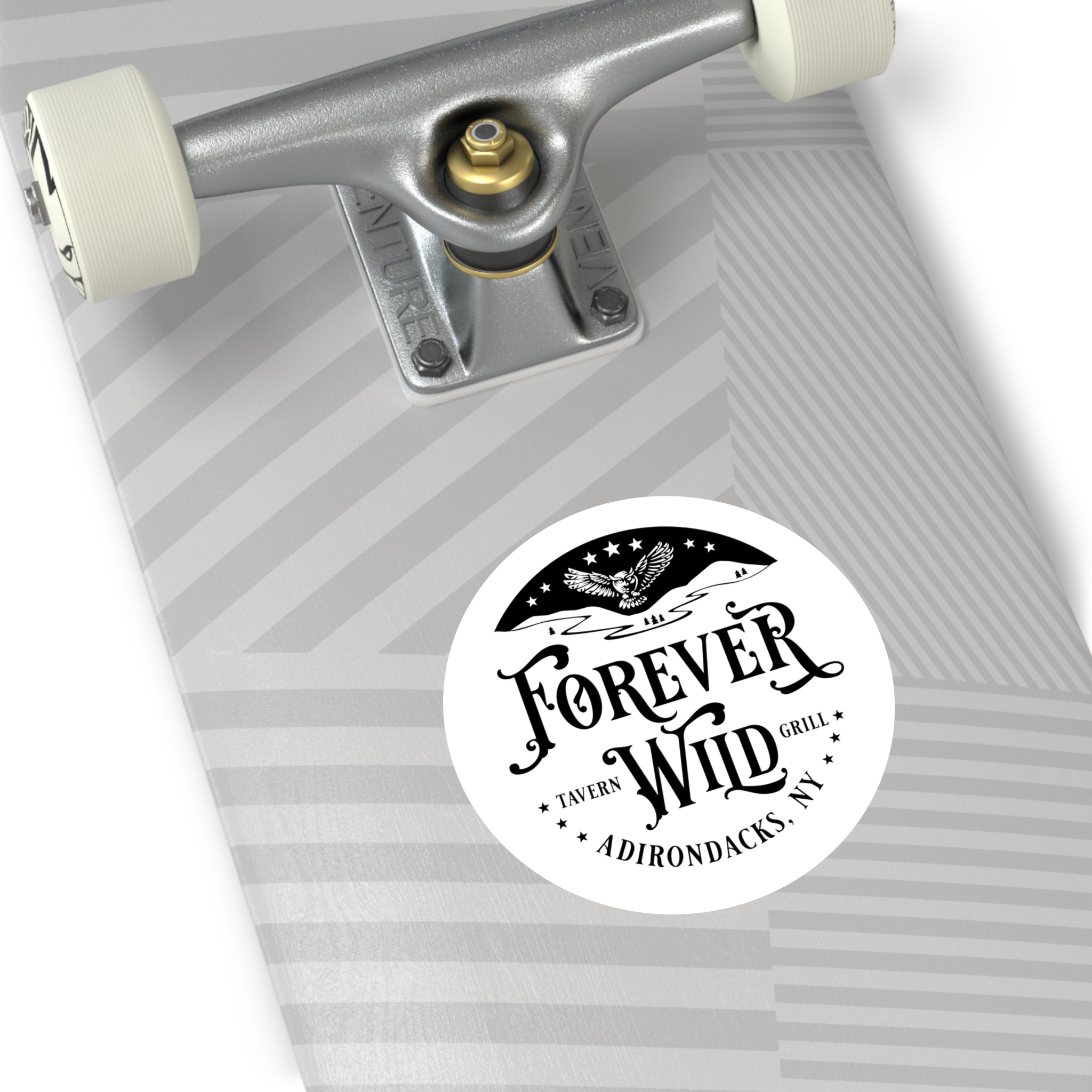 Forever Wild Tavern Adirondacks Round Sticker | Outdoor Logo Sticker