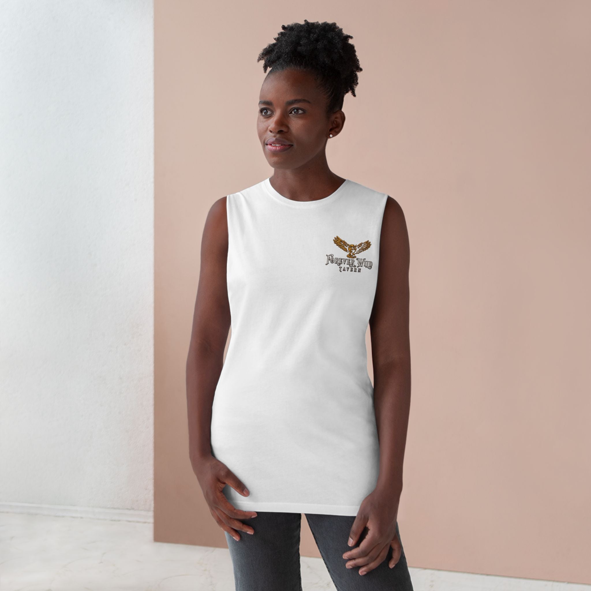 Forever Wild Tavern Tank Top "Most Desolate Logo" — Vintage Owl Chest & Back Design