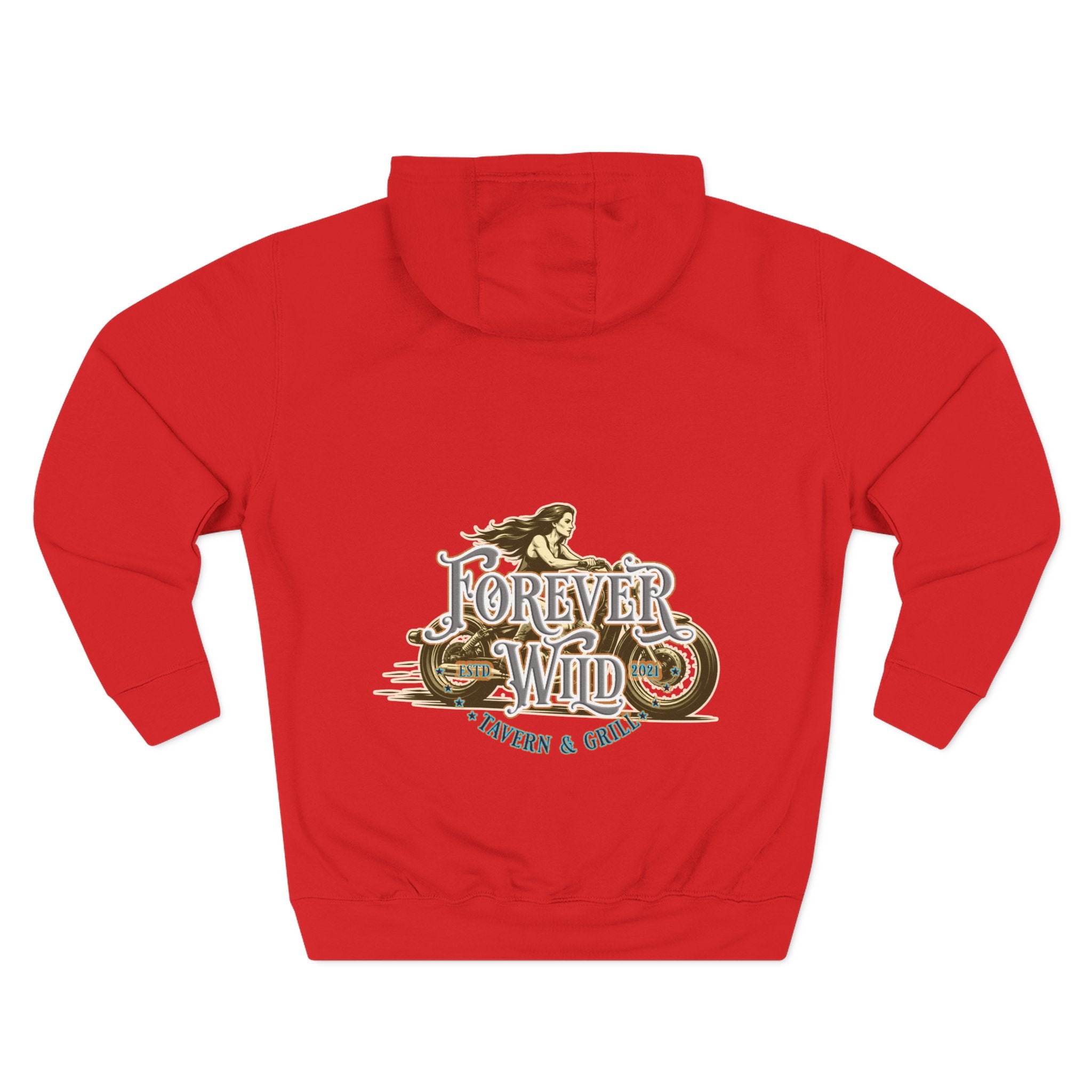 Forever Wild Tavern Motorcycle Hoodie — Retro Biker Fleece Pullover