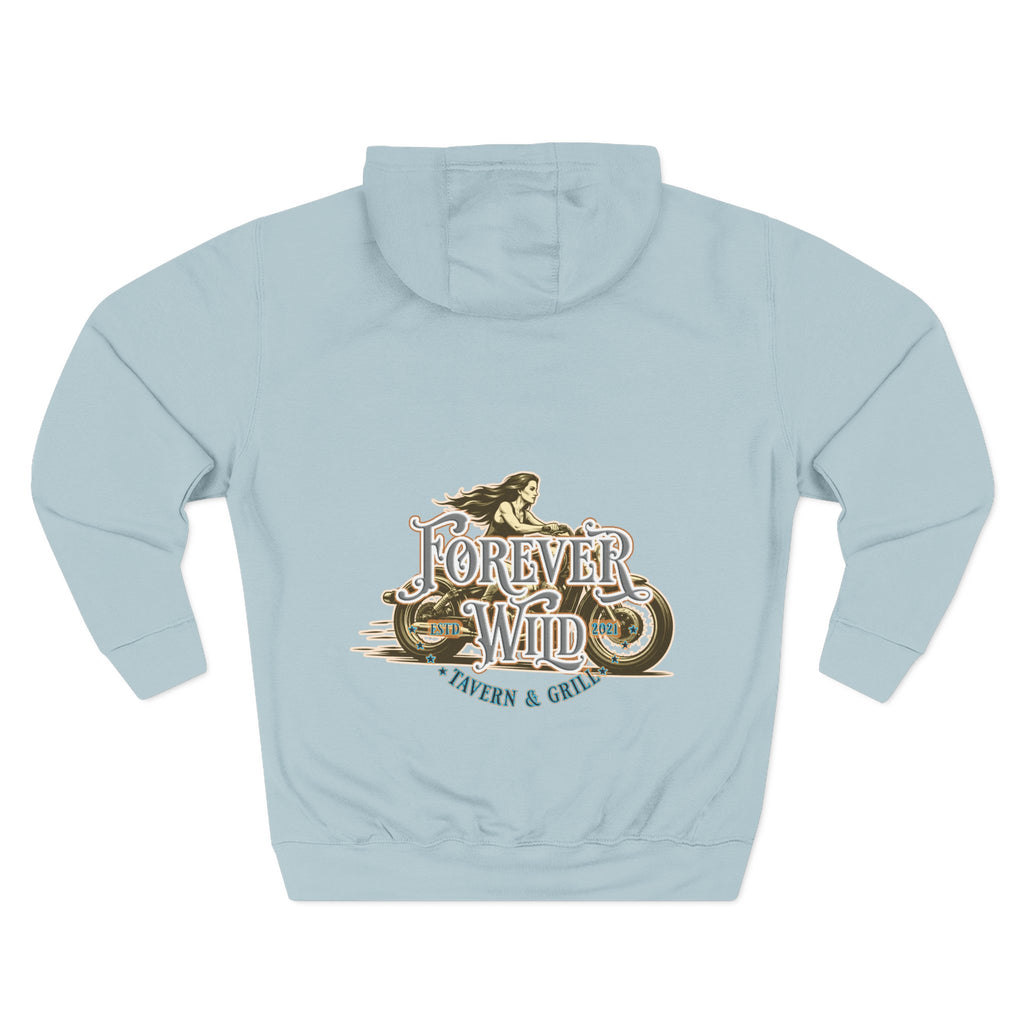 Forever Wild Tavern Motorcycle Hoodie — Retro Biker Fleece Pullover