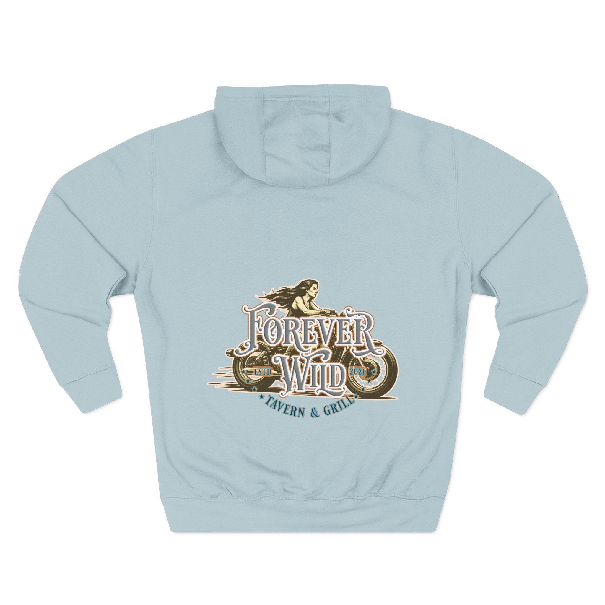 Forever Wild Tavern Motorcycle Hoodie — Retro Biker Fleece Pullover