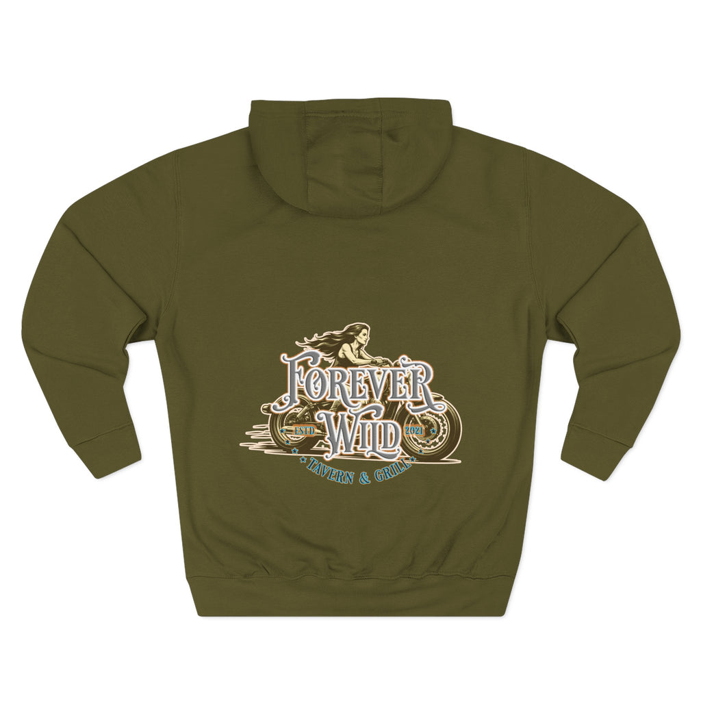 Forever Wild Tavern Motorcycle Hoodie — Retro Biker Fleece Pullover