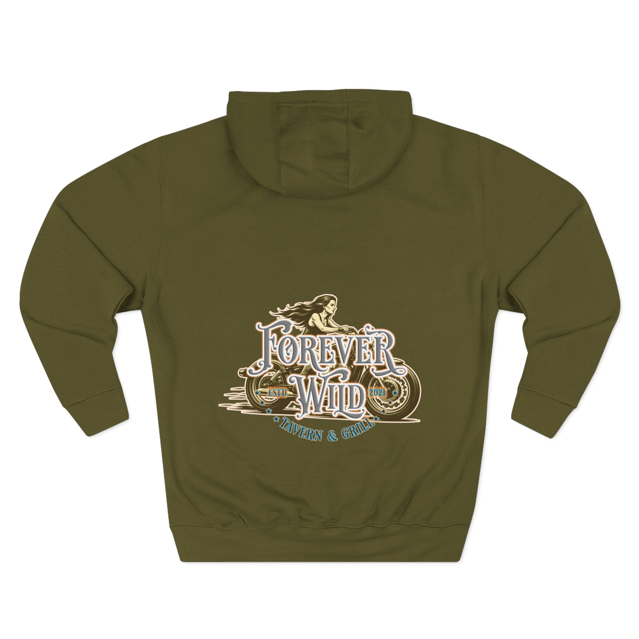 Forever Wild Tavern Motorcycle Hoodie — Retro Biker Fleece Pullover