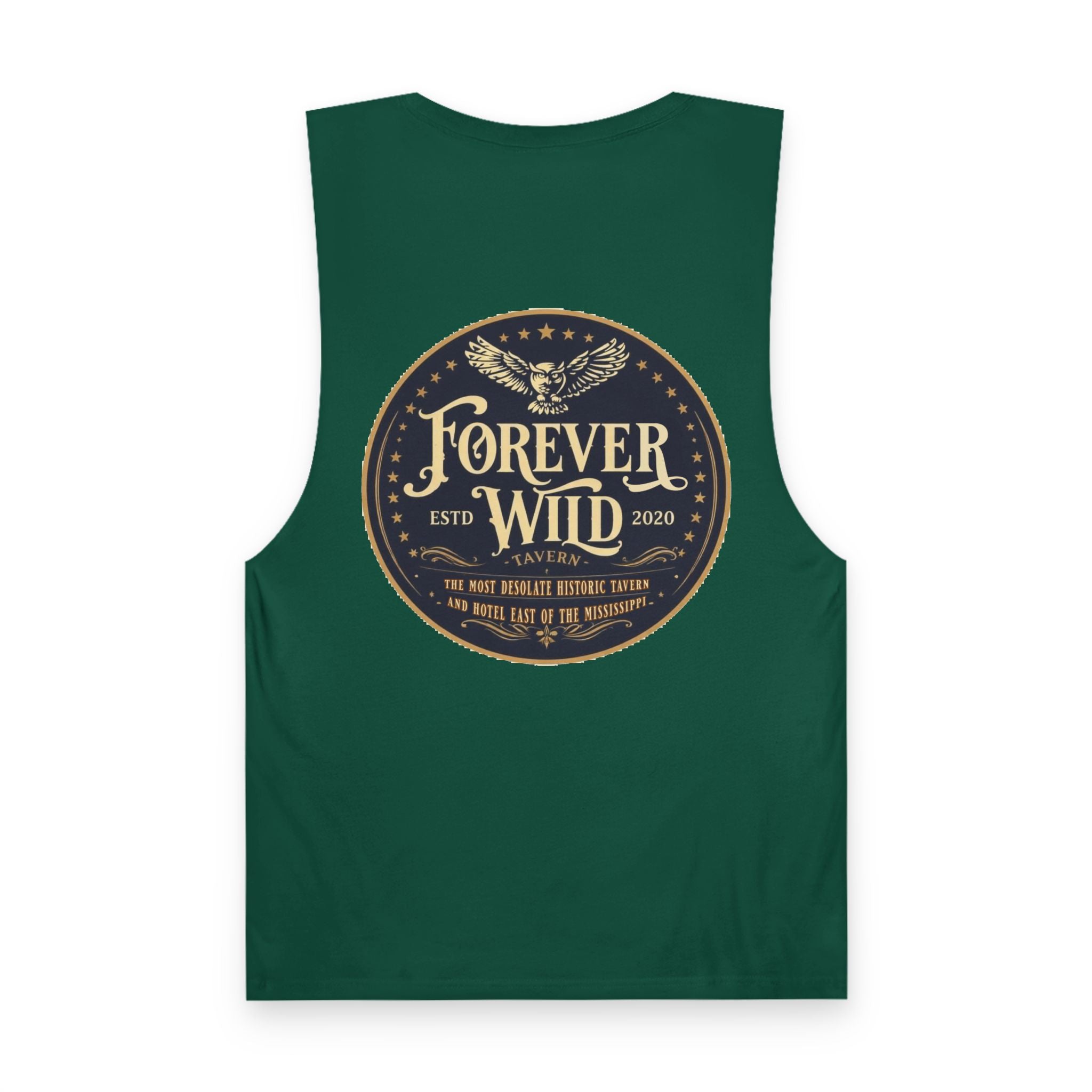 Forever Wild Tavern Tank Top "Most Desolate Logo" — Vintage Owl Chest & Back Design